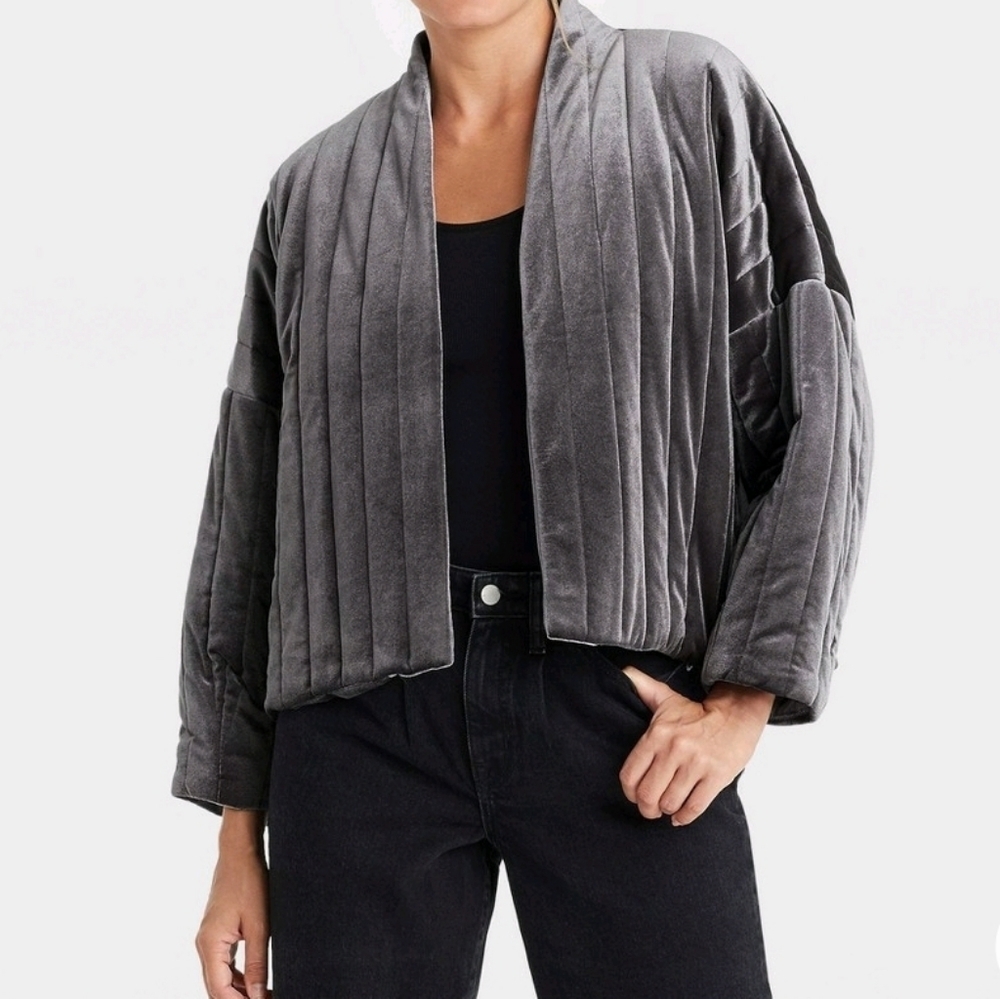 A New Day Gray Quilted Velvet Waist Length Open Front Jacket OSFM